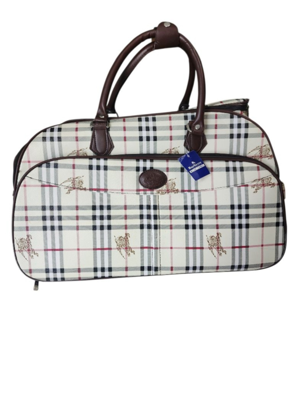 Burberry Blue Label Beige Plaid Travel Bag with Brown Accents
